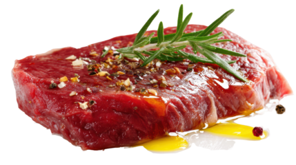 Fresh raw steak with herbs and olive oil on a white background.