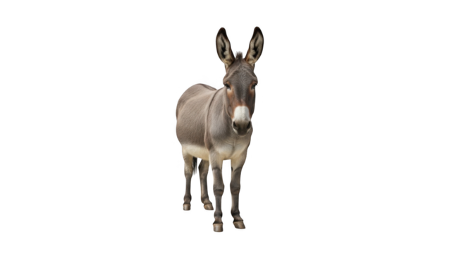 A Realistic Portrait of a Gray Donkey Standing Still on a Black Background