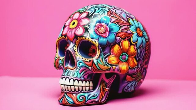 photo a colorful skull with a flower pattern on it..