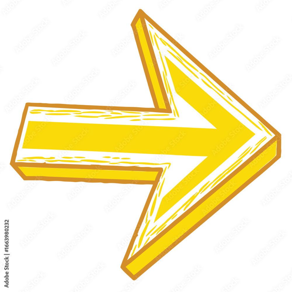 Poster yellow 3d arrow pointing right with hand drawn outline on white background direction pointer