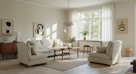 Fototapeta premium Elegant and sunlit contemporary living room showcasing a comfortable white sofa, two inviting armchairs, and sophisticated minimalist decor in a serene home setting