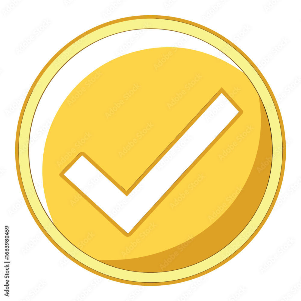 Poster yellow check mark inside a golden circle with a white background tick correct