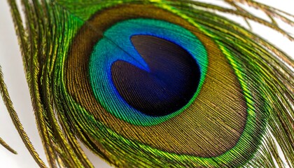 Detailed close-up view of a peacock feather, showcasing vibrant colors and intricate patterns.