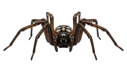 A detailed frontal view of a large dark brown spider with hairy legs and a distinct pattern on its cephalothorax