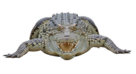 Obraz premium A fearsome crocodile with its powerful jaws open and sharp teeth visible on a dark background