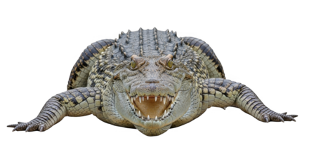A fearsome crocodile with its powerful jaws open and sharp teeth visible on a dark background