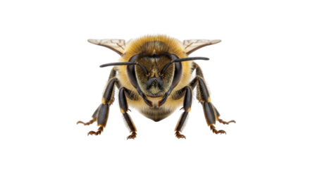 Detailed Close-Up Front View of a Fuzzy Honey Bee Insect with Translucent Wings and Black Legs Against a Black Background