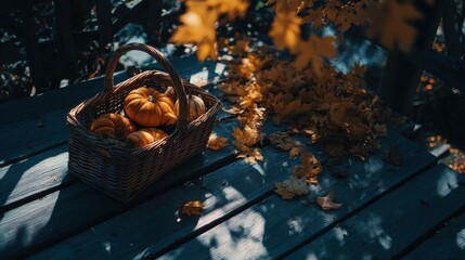 Autumn Seasonal Still Life with Small Pumpkins and Fallen Leaves on Rustic Wooden Table in Soft Natural Light