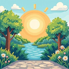 Serene Summer River: Sunlit Landscape with Lush Greenery