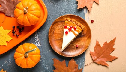 A slice of creamy caramel cheesecake, adorned with cranberries, sits on a wooden plate, surrounded by autumnal pumpkins and leaves, creating a warm and inviting autumnal still life.