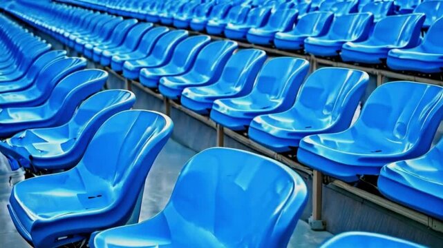 Portrait of empty seats in the tribune. Blue seats of tribune on sport stadium. Chairs for audience, fans, supporter.