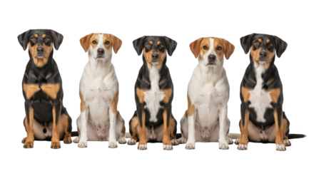 A Group of Five Adorable Mixed Breed Dogs Sitting Together on a Solid Black Background