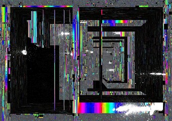 Abstract distortion with glitch effect, dynamic composition, geometric patterns and vibrant rainbow spectrum,