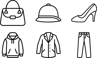 Black outline fashion icons on white background clothing