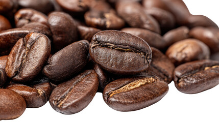 Obraz premium Freshly roasted coffee beans, natural textures, isolated on white background.