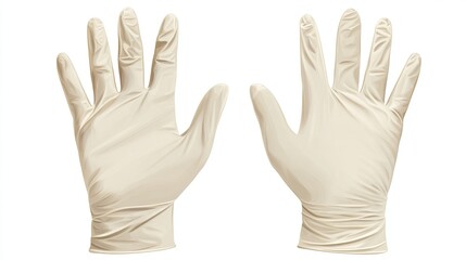 Obraz premium Two white latex medical gloves, open-palmed and facing forward, over white