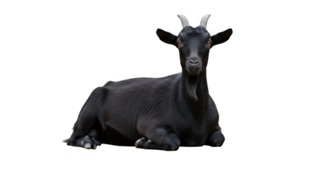 A majestic black goat with impressive horns rests peacefully on a transparent background showcasing its natural beauty and calm demeanor