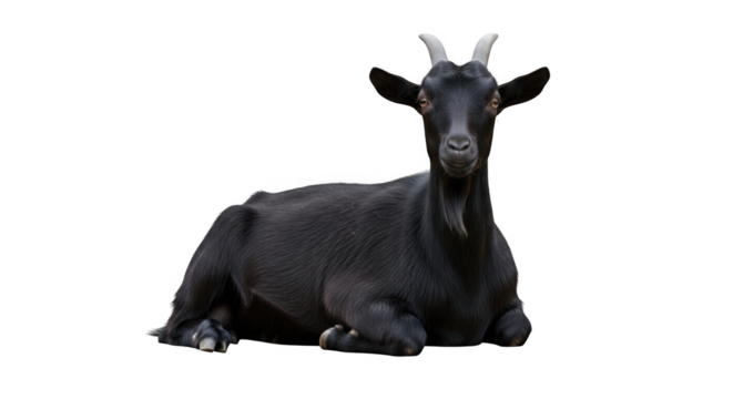 A majestic black goat with impressive horns rests peacefully on a transparent background showcasing its natural beauty and calm demeanor