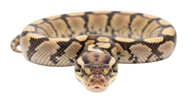 A Close Up Front View of a Beautiful Ball Python Reptile Coiled with Its Patterned Skin Clearly Visible