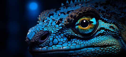 Fototapeta premium The black background contrasts sharply with the bright blue diamonds light emitted by the Pachycephalosauria,generative AI