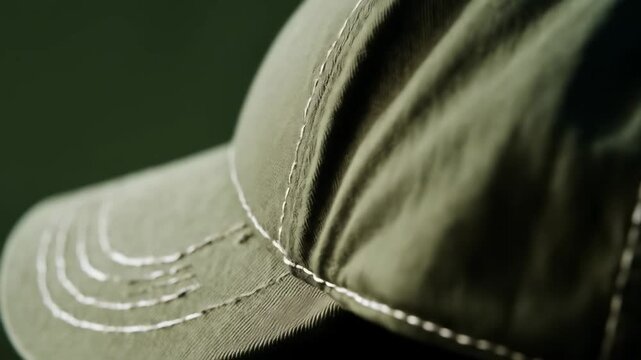 Cinematic Macro Journey Across a Green Baseball Cap's Textured Fabric and Stitching