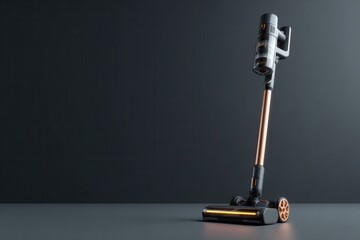 A cordless stick vacuum cleaner standing upright against a dark gray background in a studio setting
