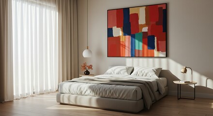 Cozy Bedroom with Modern Art and Sunlight A Relaxing and Stylish Interior