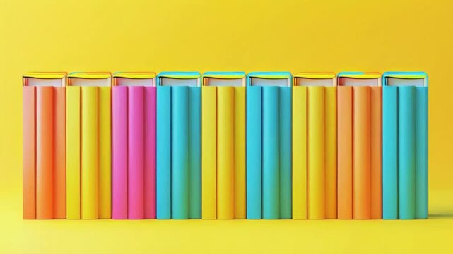 Rows of colorful books on yellow background, 3d render illustration style..