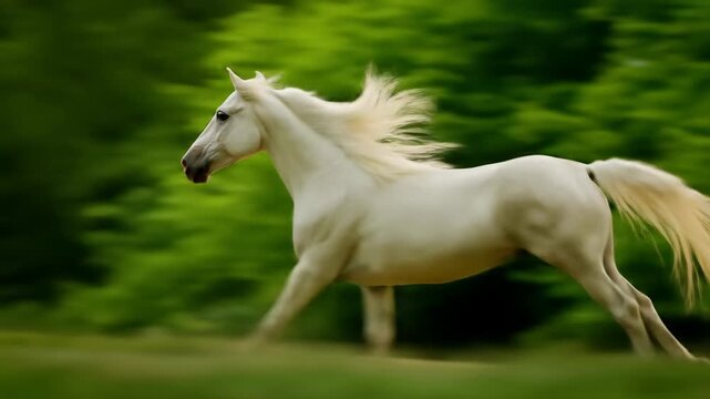 Elegant White Horse in a Dynamic Gallop Across a Motion-Blurred Green Forest Background