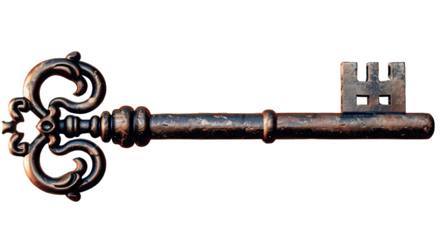 A close up shot of an antique metal key with intricate designs against a black background in studio light