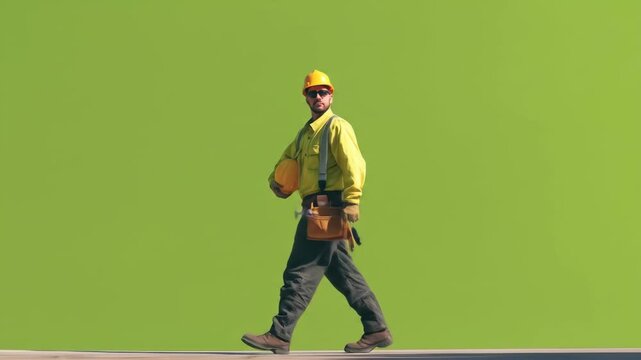 Professional Construction Worker in Safety Gear and Hard Hat Walking Against a Green Screen