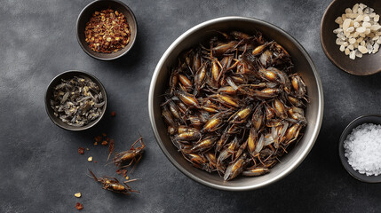 A stainless steel bowl filled with roasted crickets is surrounded by small bowls of spices, dried herbs, rock sugar, and coarse salt - Generative AI