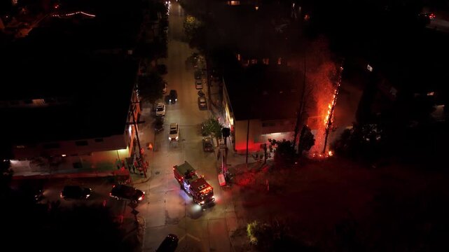 4K Aerial Night Footage of Firefighters Battling Tree Fire After July 4th Fireworks in LA &ndash; Los Angeles Wildfire, Emergency Response, Independence Day Accident, California Nighttime Fire Scene
