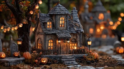 A spooky halloween scene with a miniature haunted house pumpkins and gravestones in the foreground