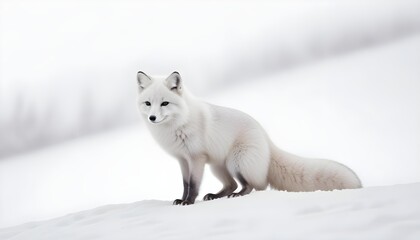 A watercolor scene of an arctic fox on a snowy hillside, with coniferous trees and distant snowy mountains in the background