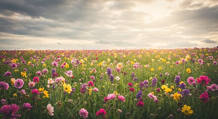 Fototapeta premium A vibrant and picturesque field of blooming wildflowers under a dramatic sky, with golden sunlight filtering through, creating a breathtaking and serene natural landscape scene