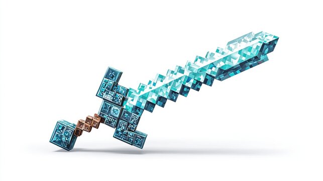Pixelated blue-jeweled sword with brown hilt on a clean white background casting shadow - Powered by Adobe