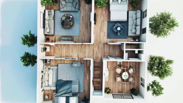 Top view of floor plan house 3D illustration.