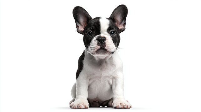 Black and white French bulldog puppy sitting, facing forward, against a plain white background