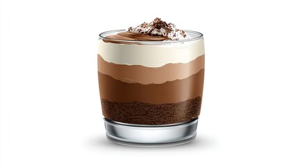 Layered chocolate dessert in a glass with whipped cream and chocolate crumble top