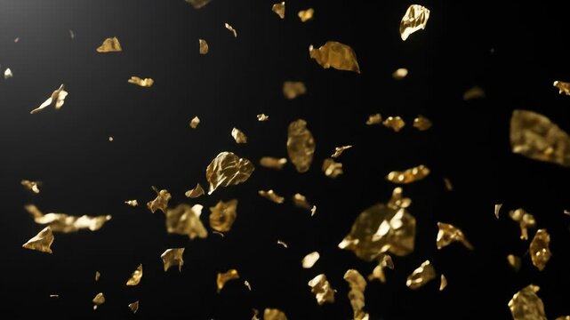 Close-up shot of golden flakes floating against a dark background, creating an abstract effect. - Powered by Adobe