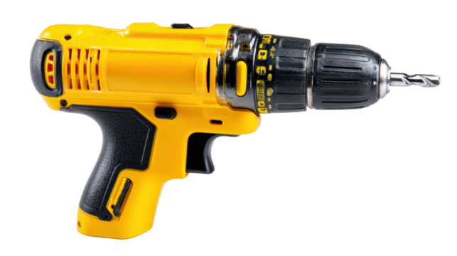 Powerful yellow cordless drill for various construction and DIY tasks, isolated on a white background.