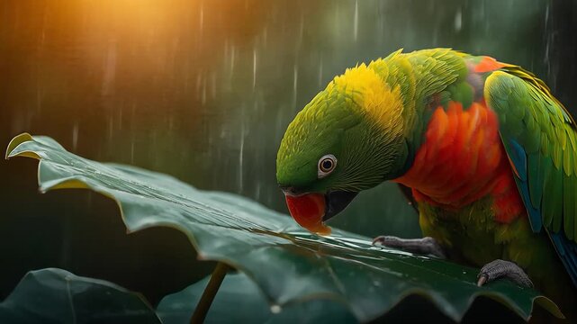 A Vibrant Parrot Drinks Rainwater from a Lush Leaf in a Tropical Shower
