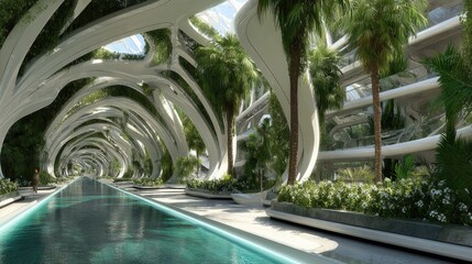 Futuristic architectural walkway with a water canal and lush greenery.