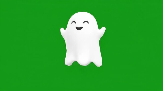 A cheerful, white cartoon ghost with a happy expression and outstretched arms against a green background.