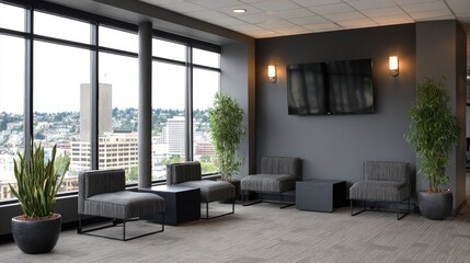 Modern waiting area with city view.