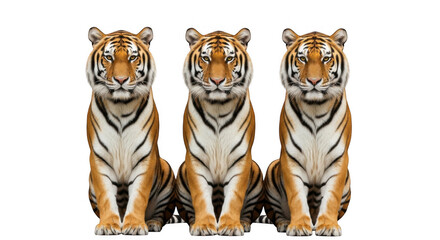 Obraz premium Three majestic orange tigers with black stripes sitting and looking forward with a black background showcasing their powerful presence and wild beauty in a symmetrical composition