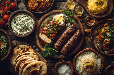 Table full of traditional Balkan food shot from above. Traditional cuisine. Flat lay.