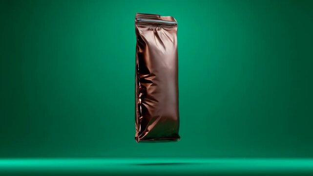 Sleek Metallic Bronze Product Pouch Levitating and Rotating in a Minimalist Green Studio Setting