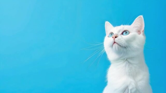 White cat on the empty blue background with copy space.